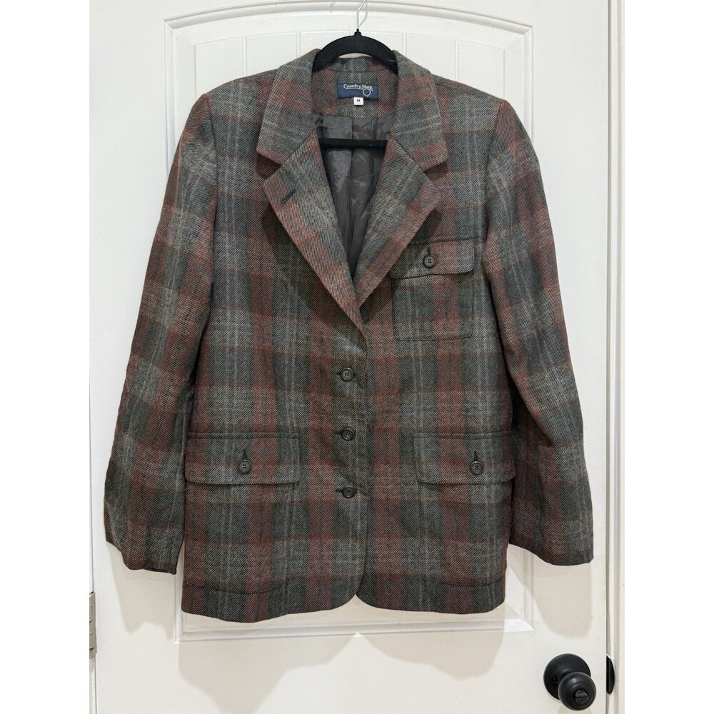 Country Shop Women’s Brown Tartan Plaid Blazer Coat Size M Wool Alpaca Made USA